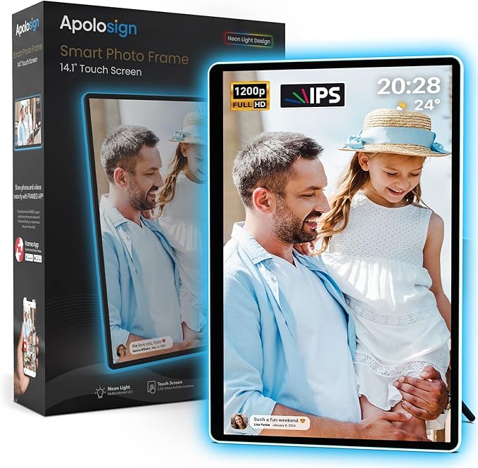 ApoloSign Neon Light Digital Picture Frame - 14" 2K FHD Display | AI Color-Changing LED Strip Digital Photo Frame | Quick Share Photos/Videos, Easy Setup in Frameo App | Best Digital Frame for Gifting