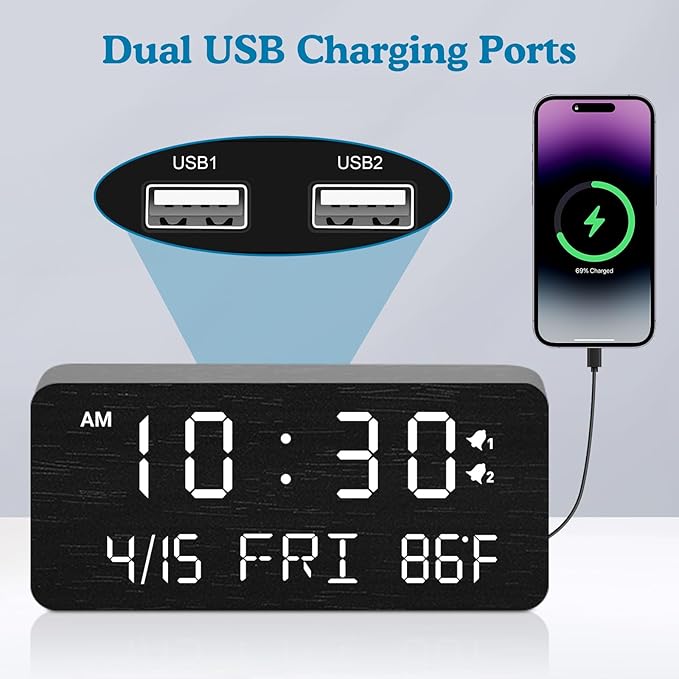 Andoolex Wooden Digital Alarm Clock with Wireless Charging, 0-100% Adjustable Brightness Dimmer and Alarm Volume, Weekday/Weekend Mode, Dual Alarm, Snooze, 12/24H, Wood LED Clock for Bedroom (Black)