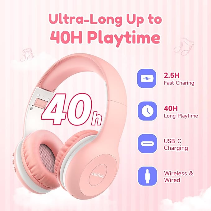 EarFun 2Packs Kids Bluetooth Headphones, K2 Kid Headphone with Volume Limited, 40H Playtime, Built-in Mic, Stereo Sound, Foldable Over-Ear Headphones for Kids/School/Travel
