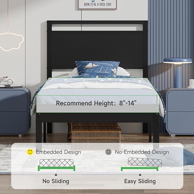 Z-hom Upgraded Twin Bed Frames, Heavy Duty Metal Sturdy Bed Frame Twin Size with Modern Wood Headboard & Footboard, Stable Platform Bed Furniture Bed Storage, No Noise, No Box Springs, Black