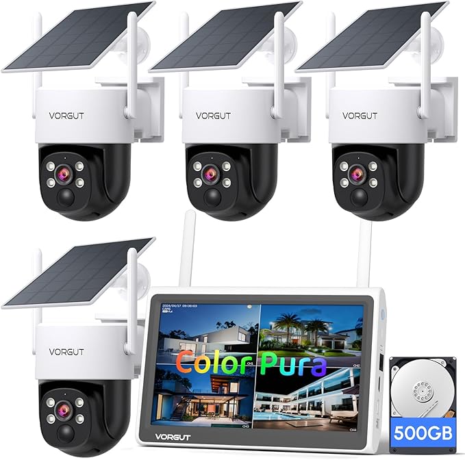 Solar Cameras Wireless Outdoor with 10'' Monitor, 4pcs 2K 3MP Solar Powered Home Security Cameras, Full Color Night Vision, 360° Pan Tilt, Human Detection, 2.4G/5G WiFi 10CH NVR with 500G HDD