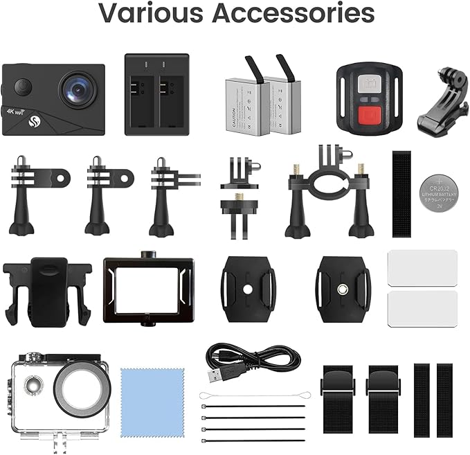 HLS Waterproof Action Camera 4K Stabilization with 2 Batteries 1350mAh for Video,4K WiFi Remote Underwater Cameras with Wide Angle Lens HD,Sports Action Video Cameras with Accessories Mount Kit