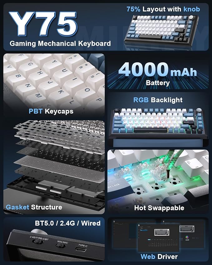 Y75 Wireless Mechanical Keyboard,75% Wireless Gasket RGB Gaming Keyboard,PBT Keycaps,2.4GHz/USB-C/BT5.0 Creamy Keyboard with Knob(Black&Blue,Milk Switch)