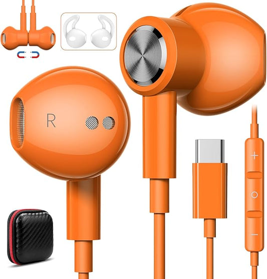 USB C Headphones for iPhone 17 Pro Max 16e 16 Plus 15 Pro, Type C Wired Earbuds with Mic HiFi Magnetic Sport Earphones for iPad Pro Air Samsung Flip Fold 6 Galaxy S25 FE S24 S23 OnePlus 13 12 9