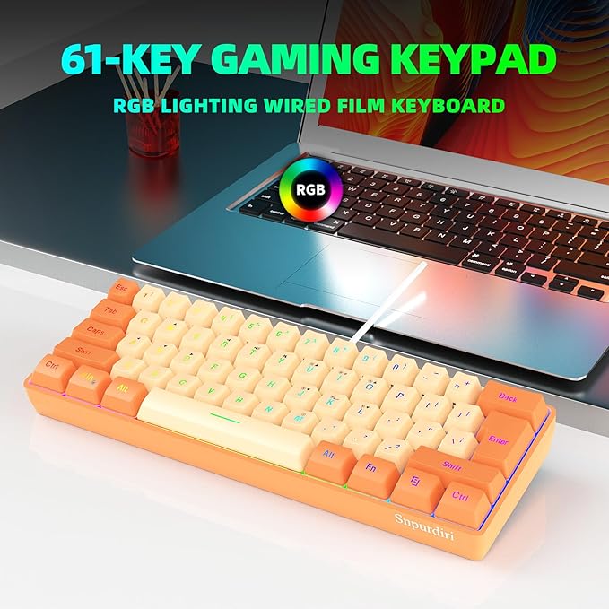 Snpurdiri 60% Wired Gaming Keyboard, RGB Backlit Ultra-Compact Mini Keyboard, Waterproof Mini Compact 61 Keys Keyboard for PC/Mac Gamer, Typist, Travel (Orange and Cream)