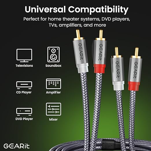 GEARit RCA Cable (10FT) 2RCA Male to 2RCA Male Stereo Audio Cables Shielded Braided RCA Stereo Cable for Home Theater, HDTV, Amplifiers, Hi-Fi Systems, Car Audio, Speakers, 10 Feet