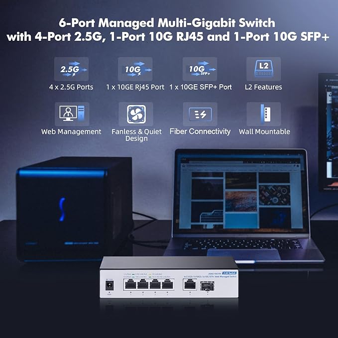 10G Web Managed Switch, 4x2.5G RJ45 + 10G RJ45 + 10G SFP Ports, LACP/VLAN/QoS, Fanless Metal, YuLinca Ethernet Switch for NAS/Gaming/8K Streaming