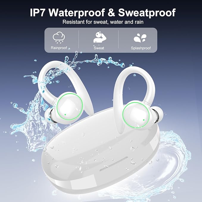 Wireless Earbuds, Bluetooth 5.3 Headphones Sport, Over Ear Buds With ENC Noise Cancelling Mic, 48H, Wireless Earphone With Earhooks, Stereo Deep Bass, IP7 Waterproof Headset for Workout Running, White