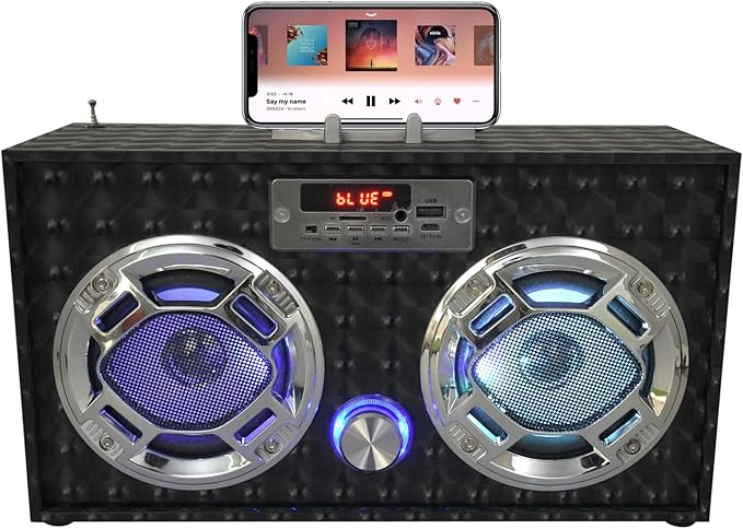 Boombox Speaker with LED Lights – Retro Bluetooth Speaker w/Enhanced FM Radio - Perfect for Home and Outdoor (Black)