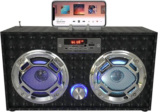 Boombox Speaker with LED Lights – Retro Bluetooth Speaker w/Enhanced FM Radio - Perfect for Home and Outdoor (Black)