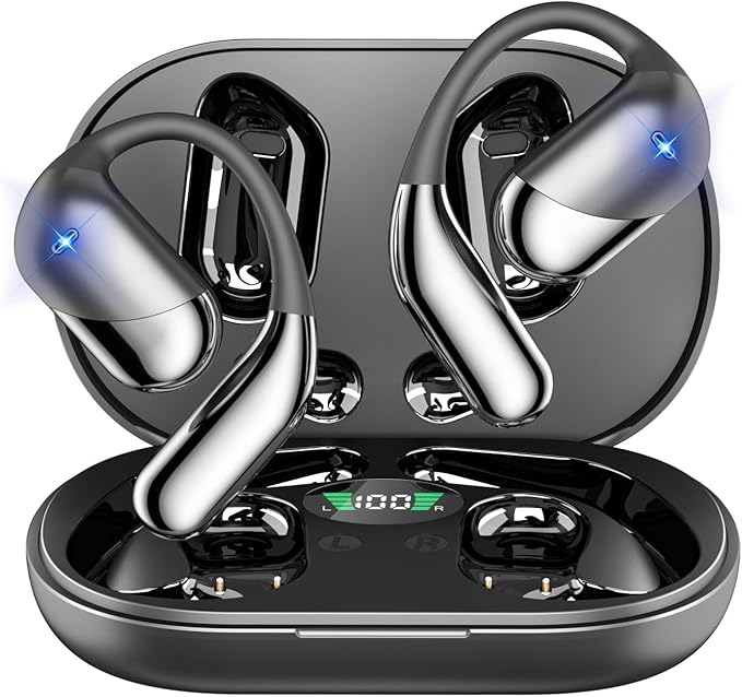 Open Ear Clip Wireless Earbuds Bone Conduction Headphones, Bluetooth 5.4, Open Ear Design for Running Fitness,office，Built-in Mic, IPX7 Waterproof, LED Display Charging Case,Ear Hooks Ear Buds