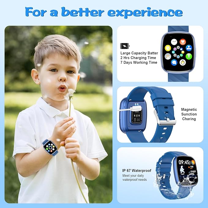 Smart Watch for Kids Fitness Activity Tracker for Boys Girls, Waterproof, Puzzle Games, Alarm Music, Sport Mode, Heart Rate, Sleep, Pedometer, Children Smartwatch Birthday Gift for Teens, Blue