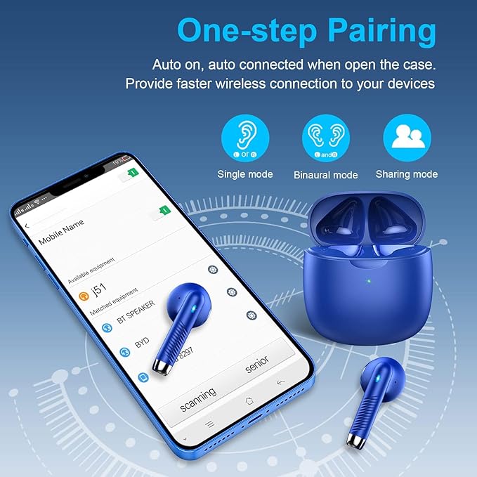 Wireless Earbuds, Bluetooth 5.4 Earbuds Stereo Bass, Bluetooth Headphones in Ear Noise Cancelling Mic, Earphones IP7 Waterproof Sports, 32H Playtime USB C Charging Case Blue Ear Buds for Android iOS
