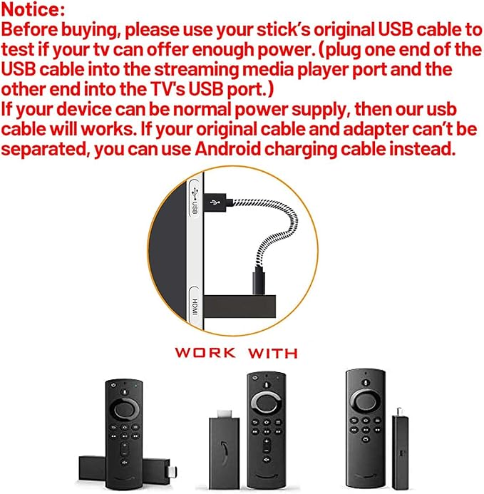Y.D.F USB Power Cord Power up Your Fire TV Stick Form Your TV's USB Port, USB Cable for Chromecast/Roku Stick, 2 Pack 8 Inch (1 Straight 1 Angle)