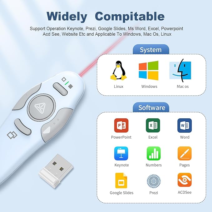 QUI Presentation Clicker Wireless Presenter Remote Clicker for PowerPoint Presentation Remote, PowerPoint Slide Advancer for Mac/Windows/Linux, Google Slide/PPT/Keynote, USB, Blue
