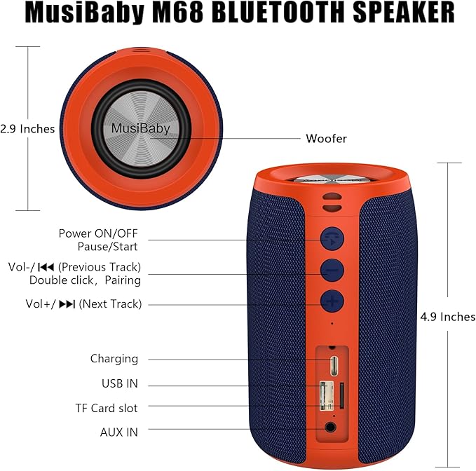 Bluetooth Speaker,MusiBaby Portable Wireless Speakers,Waterproof,Outdoor Speaker with Stereo Sound,Booming Bass,Dual Pairing,Bluetooth 5.3,24H Play,Speakers for Home,Party,Travel,Gifts