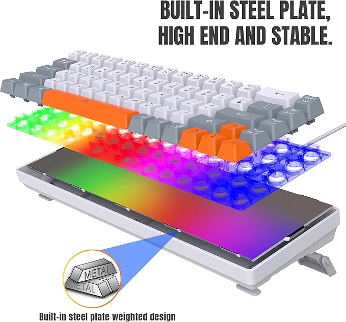 Snpurdiri 60% Wireless Gaming Keyboard and Mouse Combo,Rainbow Backlit Rechargeable 2000mAh Battery,Mini Mechanical Feel Keyboard +Popular RGB Mice for Gaming,Business Office(Gray-White-Orange)