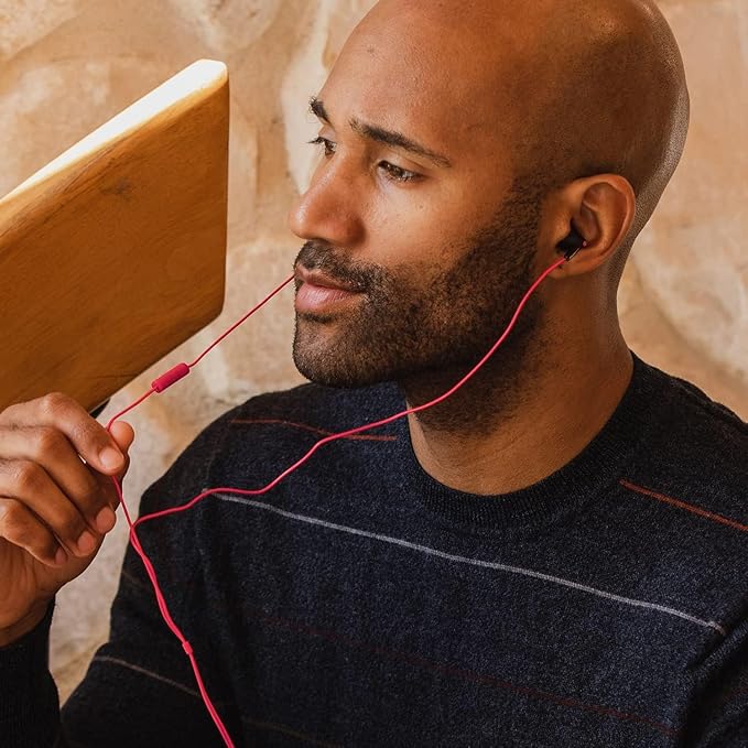 Panasonic ErgoFit Wired Earbuds With Microphone, 3.5mm Jack Headphones with Mic and Call Controller, Ergonomic Custom-Fit Earpieces (S/M/L), for Phones and Laptops - RP-TCM125-KB (Matte Black/Red)