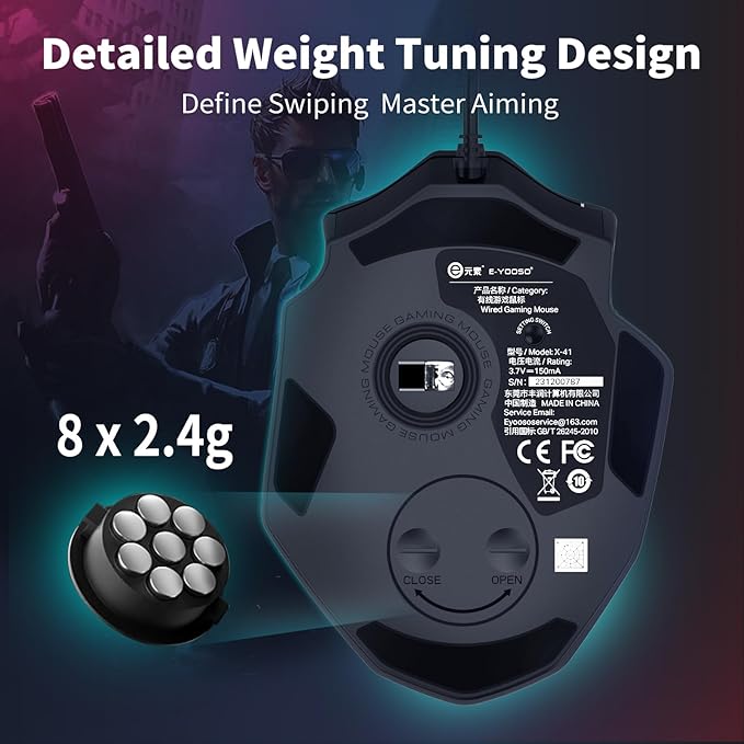 E-YOOSO Wired Large Gaming Mouse, RGB Backlit, 5 Macro Side Buttons, 200-12400 DPI, 11 Programmable Buttons, Rapid Fire Button, Adjustable Weights, Software Supports, Ergonomic for PC/Mac, Black
