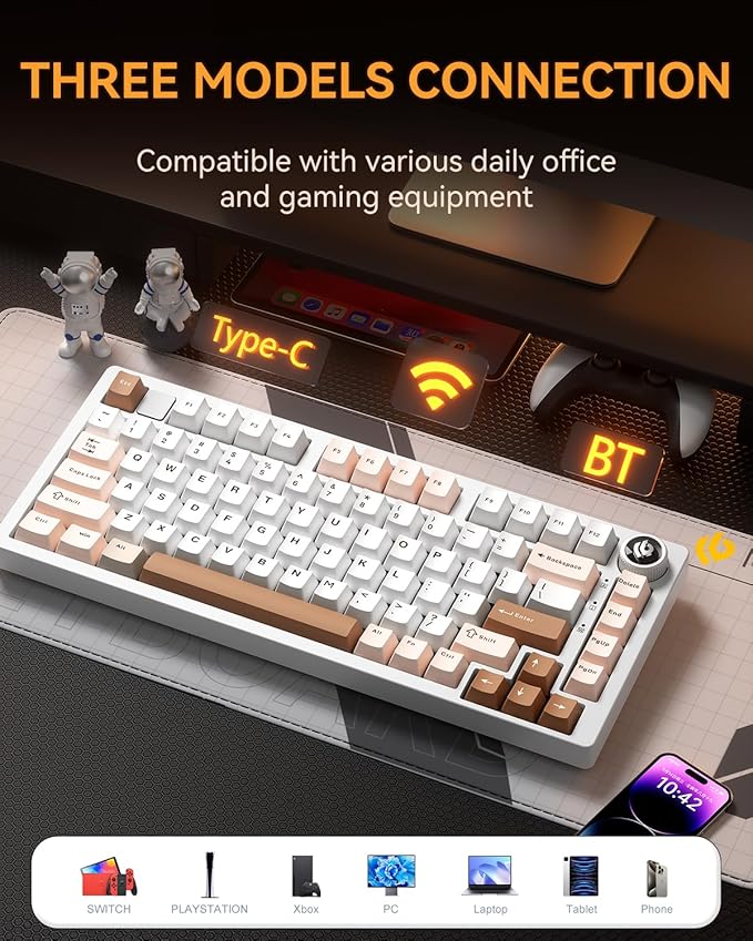 HI75CPro Mechanical Keyboards, RGB Backlit Tri-Mode BT5.0/2.4GHz/USB-C Gaming Keyboard, Hot Swappable Creamy Keyboard with PBT Keycaps for PC/Windows/iOS/Andriod - Turquoise Switch, Brown