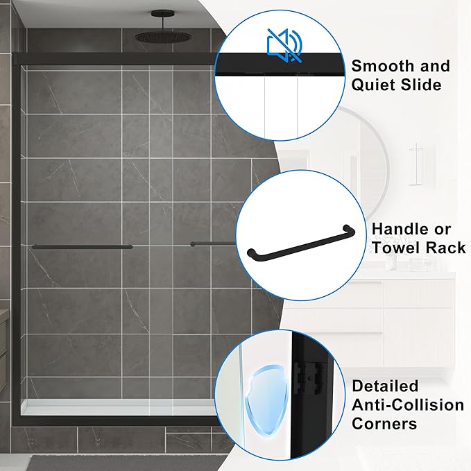 56-60" W x 72" H Shower Door Bathroom Double Sliding Shower Door 1/4"(6mm) Thick Tempered Glass Shower Door with Stainless Steel Handle for Walk-in Shower, Matte Black