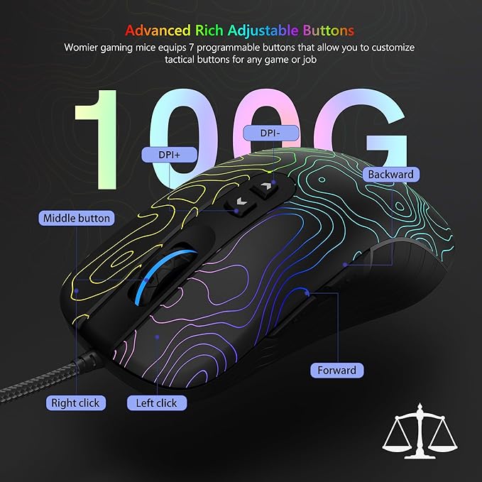 Womier Wired Gaming Mouse, 12800 DPI RGB Computer Mouse Topographic with 7 Programmable Buttons & 7 Backlit Modes, Software Supports DIY Black Gamer Mouse for Laptop PC Mac Windows (G706)
