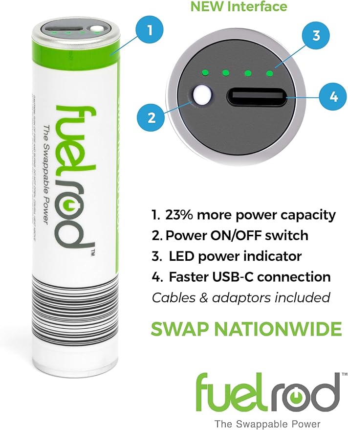 FuelRod USB-C Portable Charger Kit - Pack of 3- Includes All Cables & Adapters Compatible with All Tablets & Smart Phones, Rechargeable Backup Power Bank, Swap for Charged Rod at Kiosk