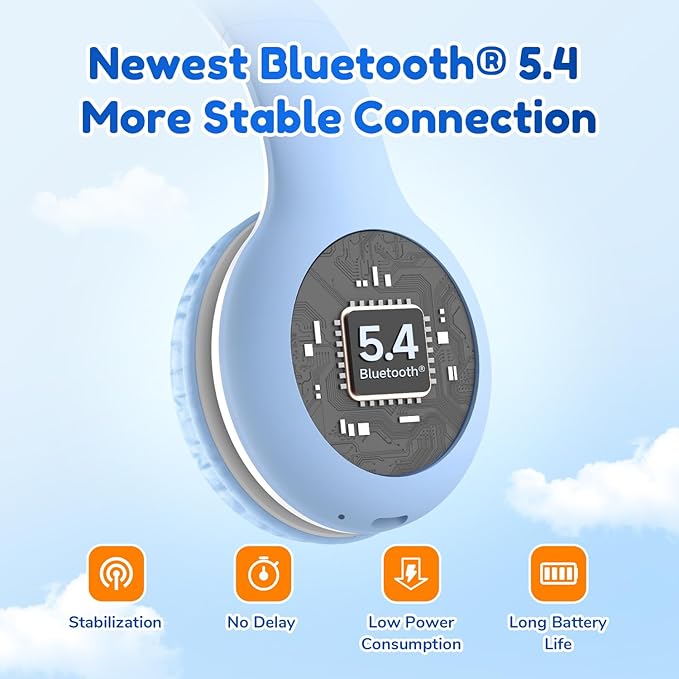 EarFun K2 Kids Bluetooth Headphones, Kids Headphones with Volume Limited, 40H Playtime, Built-in Mic, Stereo Sound, Foldable Over-Ear Headphone for School/Travel/iPad/Tablet, Sky Blue