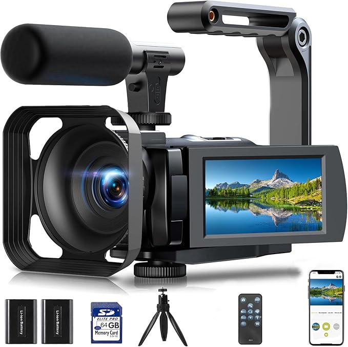 5K Video Camera Camcorder 56MP Wifi IR Night Vision Vlogging Camera, 16X Digital Zoom Touchscreen YouTubers Camera Recorder with Microphone, Lens Hood, Stabiliser, Remote Control, Tripod & 2 Batteries