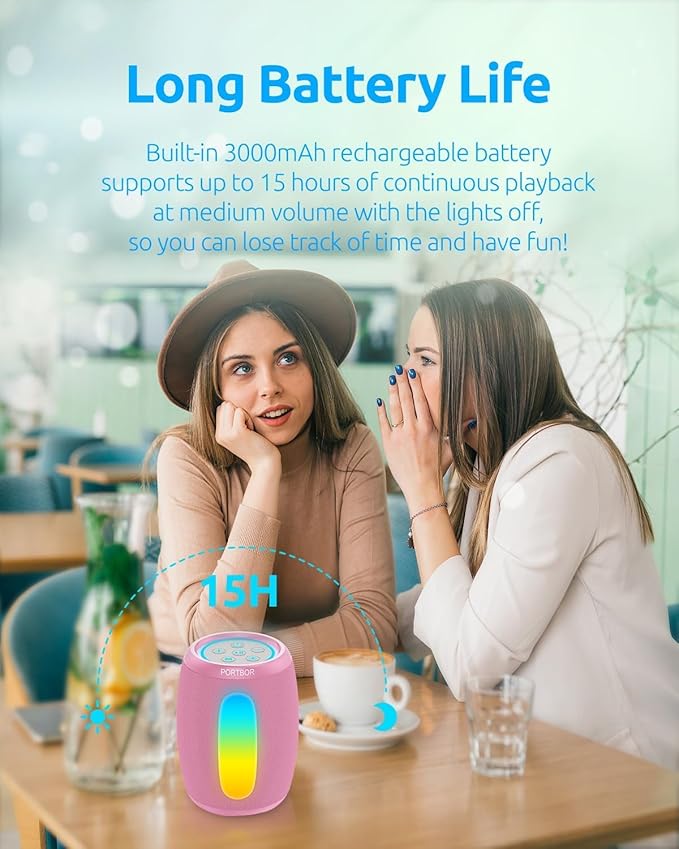 Bluetooth Speaker Portable Wireless, Powerful Stereo Sound with Lights, IPX5 Waterproof, TWS Pairing, Small Speaker for Outdoor Camping Beach Home Travel, Electronics Gift for Him Her Birthday Holiday