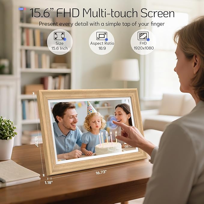 NexFoto Touchscreen Digital Picture Frame 15.6'', FHD WiFi Digital Photo Frame, 64GB Wood Electronic Picture Frame, Add Photos from Google Photos, Share Videos, for Mom, Birthday, Wood