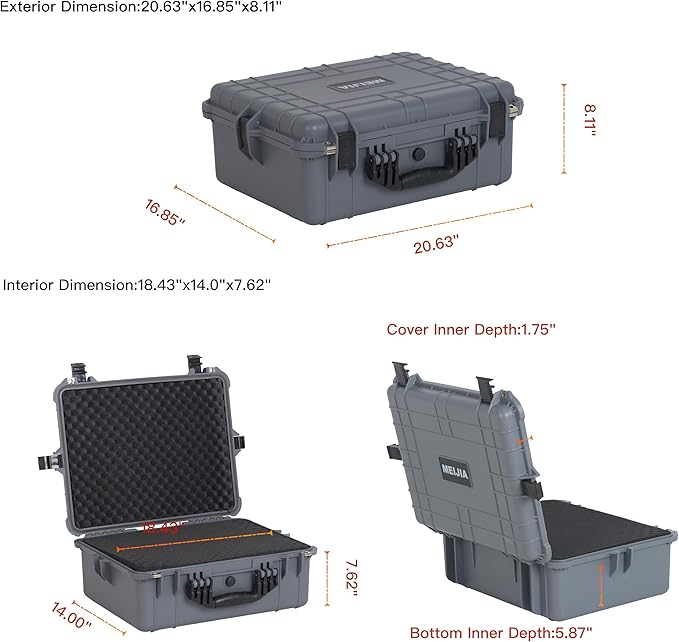 MEIJIA Portable All Weather Waterproof Protective Hard Case,Compact Camera Case with Customizable Fit Foam,Fit Use of Drones,Camera,Equipments,20.62 x16.85x8.11inches(Grey)