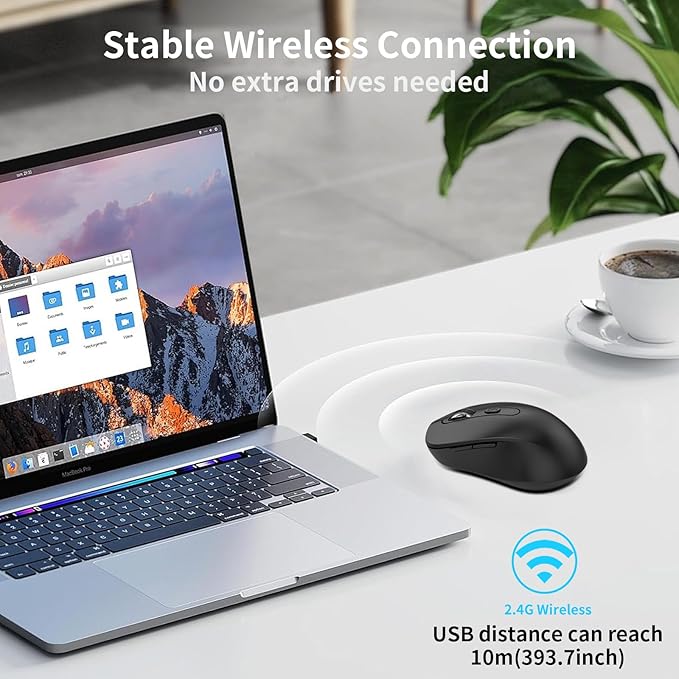 Wireless Mouse for Laptop, PC, Chromebook, Mac, MacBook, Silent Wireless Mouse with USB Nano Receiver, Side Button, 2400 DPI, Anti Slip Roller, 6 Button Ergonomics Cordless Computer Mice - Black