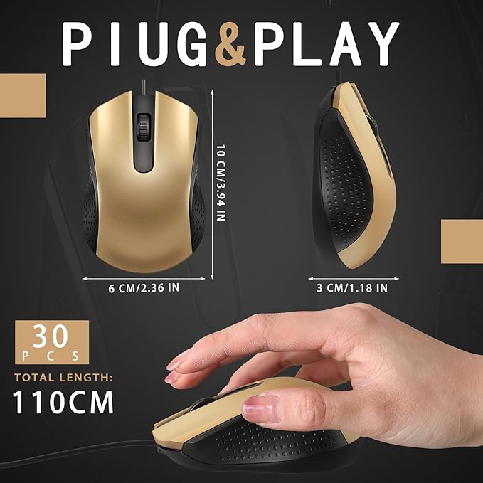 Bonuci 30 Pcs USB Wired Mouse Computer 3 Button Mice Bulk Corded USB Mouse for PC Desktop Laptop Computer Office School Home Classroom Supplies (Gold)