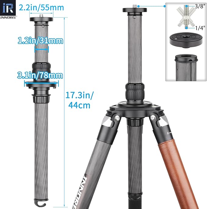 Carbon Fiber Tripod-INNOREL ST344C Professional Heavy Duty Camera Stand Monopod with 75mm Bowl Adapter Tube Leg 34.4mm,Max Load 30kg for DSLR Travel Shooting with ER31C Center Column add Camera Strap
