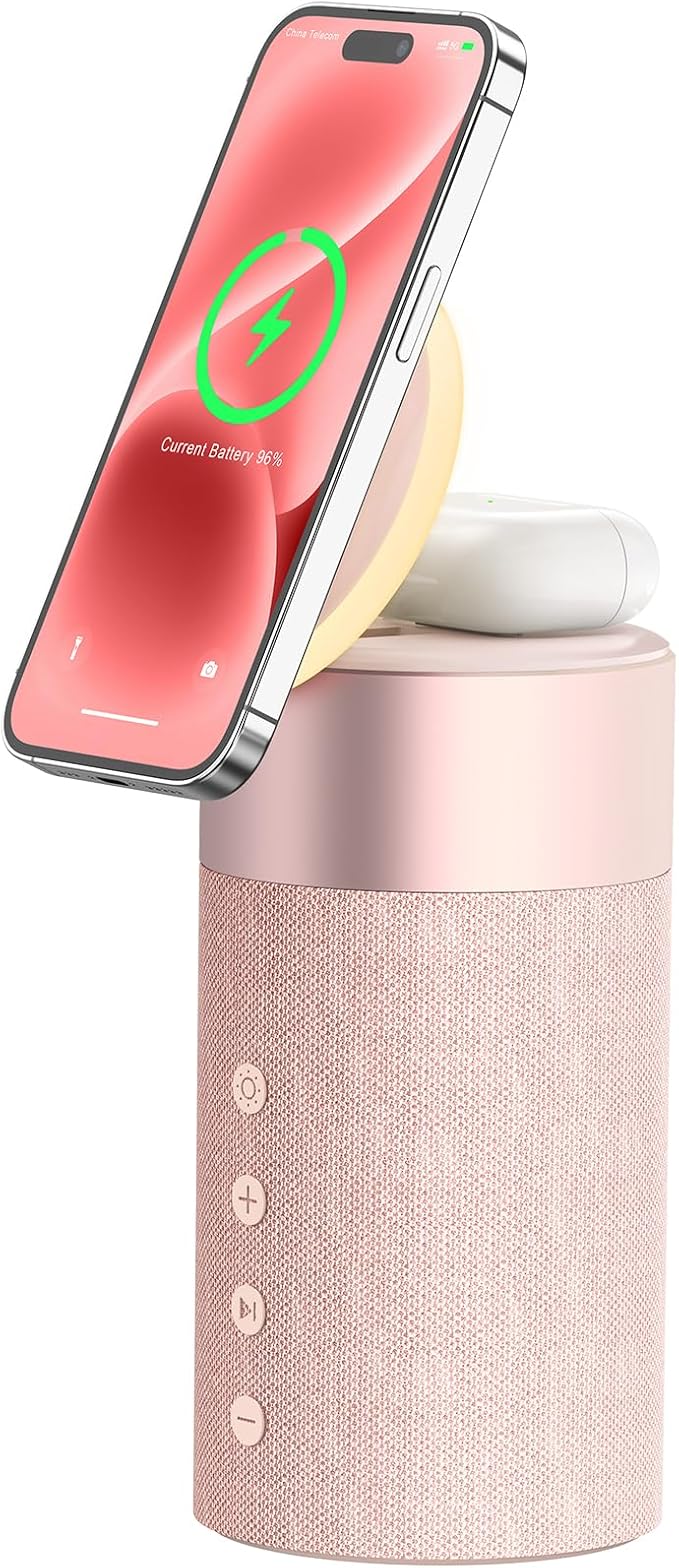 COLSUR Bluetooth Speaker, Magnetic Wireless Charger, Bluetooth Speakers with Night Light, 2 in 1 Wireless Charging Station for iPhone 16/15/14/13/12 Series, AirPods Pro/3/2（Gift Ideal） (Pink)