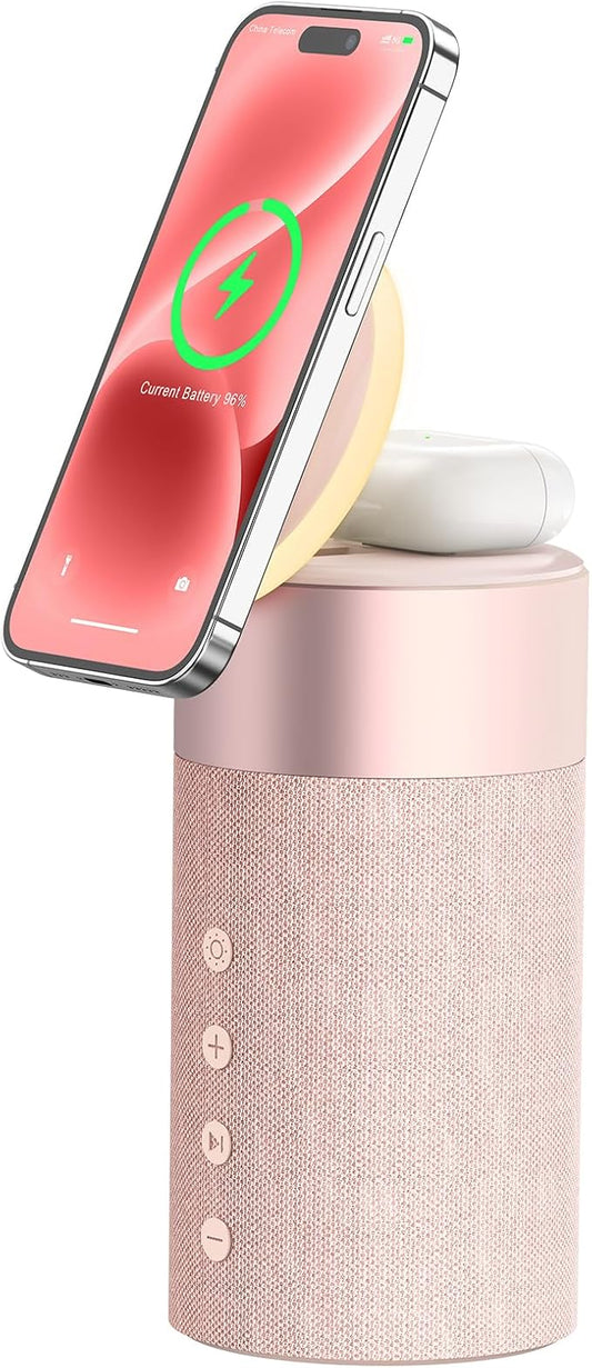 COLSUR Bluetooth Speaker, Magnetic Wireless Charger, Bluetooth Speakers with Night Light, 2 in 1 Wireless Charging Station for iPhone 16/15/14/13/12 Series, AirPods Pro/3/2（Gift Ideal） (Pink)