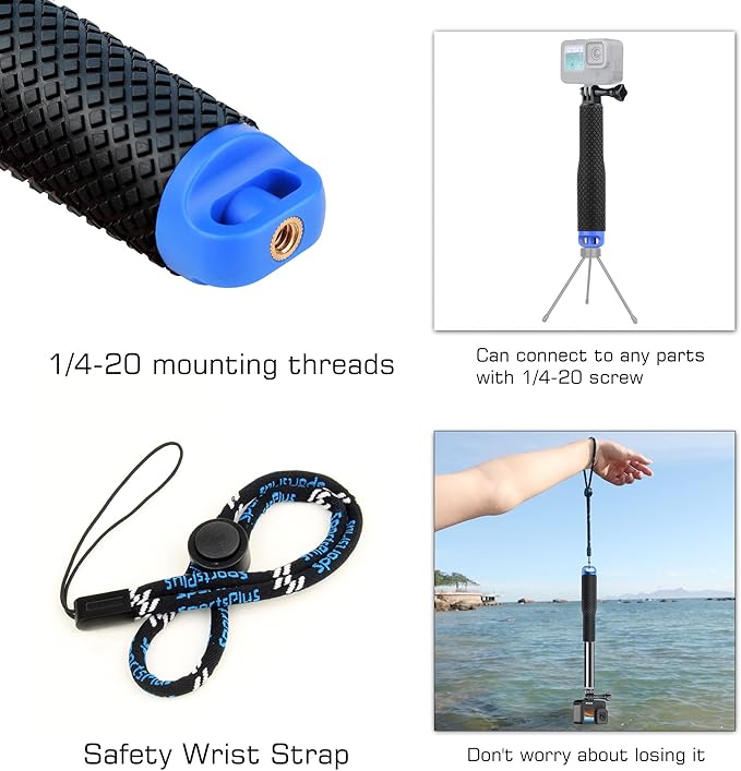 7''-23''Waterproof Pole Selfie Stick Pocket Size Underwater Handle Grip Monopod Aluminum for GoPro Hero Session Max Insta360 AKASO DJI OSMO Digital Cameras