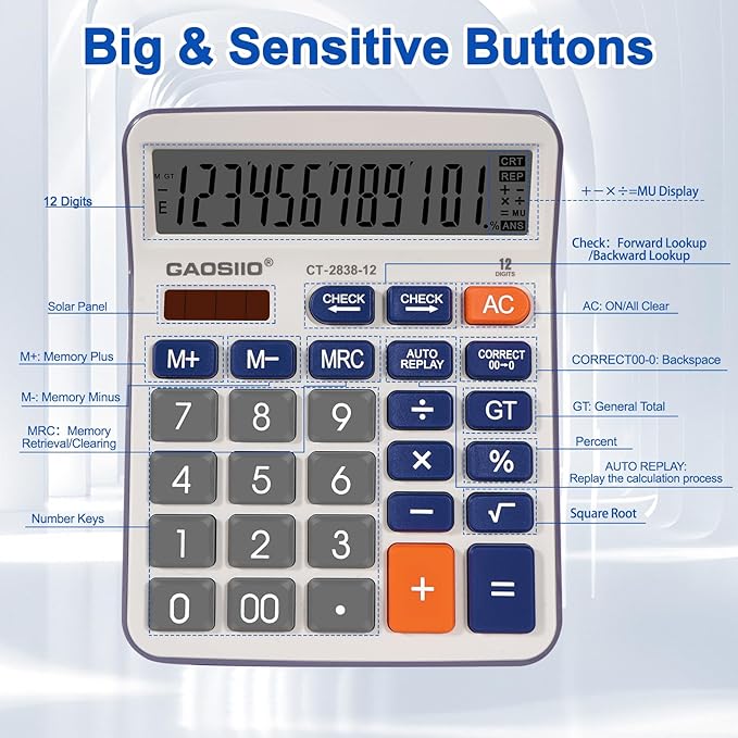 Desktop Calculator, Extra Large 5 Inch LCD Display, Desk Calculator, 12 Digits, Calculators with Big Buttons, Solar and AAA Battery Dual Power,Office Calculators for Business School Home (Blue)