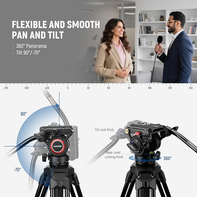 NEEWER Video Camera Tripod Fluid Head, Heavy Duty Lightweight Compact Portable Travel Stand for DSLR Camcorder Compatible with DJI Gimbals Compatible with Manfrotto QR Plates, Max Load 13.2 lbs, TP73