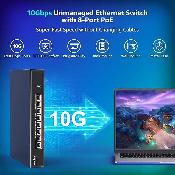 YuanLey 8 Port 10G PoE Switch Unmanaged, 8 x 10G Base-T PoE Ports, IEEE802.3af/at, 110W Built-in Power, Compatible with 1G/2.5G/5G/10G, Metal Case, Rackmount/Wall Mount 10Gbe Network Switch
