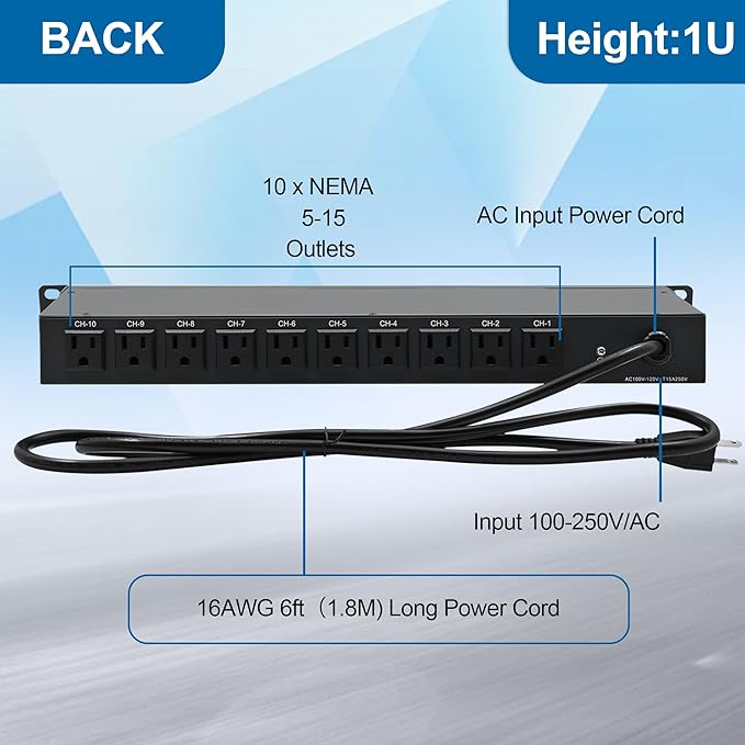 10 Outlets Horizontal 1U PDU Rackmount Power Strip - 10 Individual Led Switches, 100V-250V-1800 Joules, w/ 6 ft Power Cord for Office、Home and Network Server