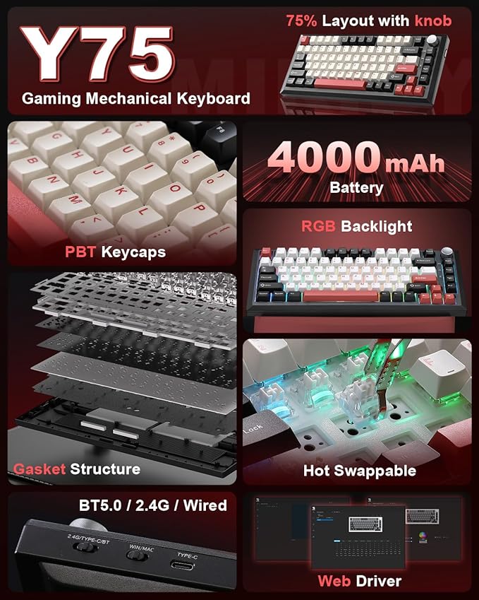 Y75 Wireless Mechanical Keyboard,75% Hot Swappable Custom Keyboard with Knob,RGB Backlit, PBT Keycaps,2.4GHz/USB-C/BT5.0 Mechanical Gaming Keyboards(Black&Red,Milk Switch)