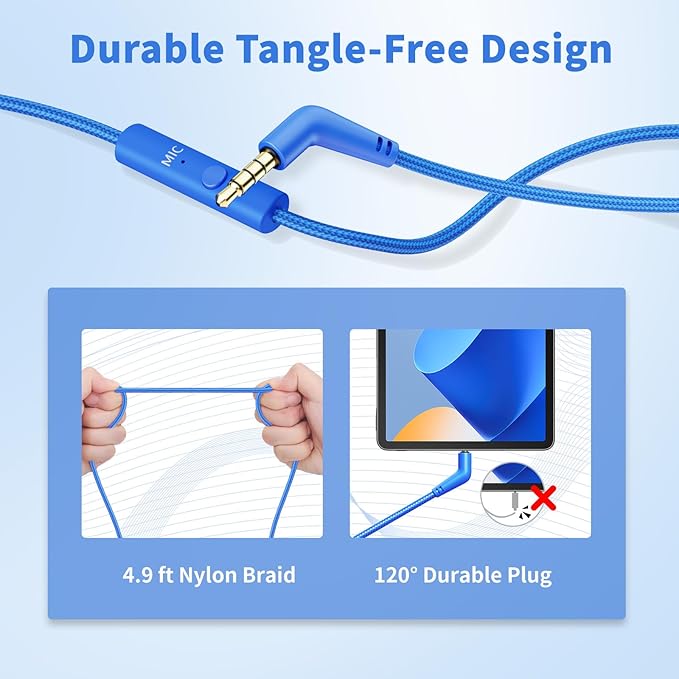 Wired Headphones with Microphone, Over Ear 3.5mm Plug in Headphones with 4.9ft Tangle-Free Nylon Cord for Tablet, Laptop, MP3/4, School, Airplane Travel (Blue)