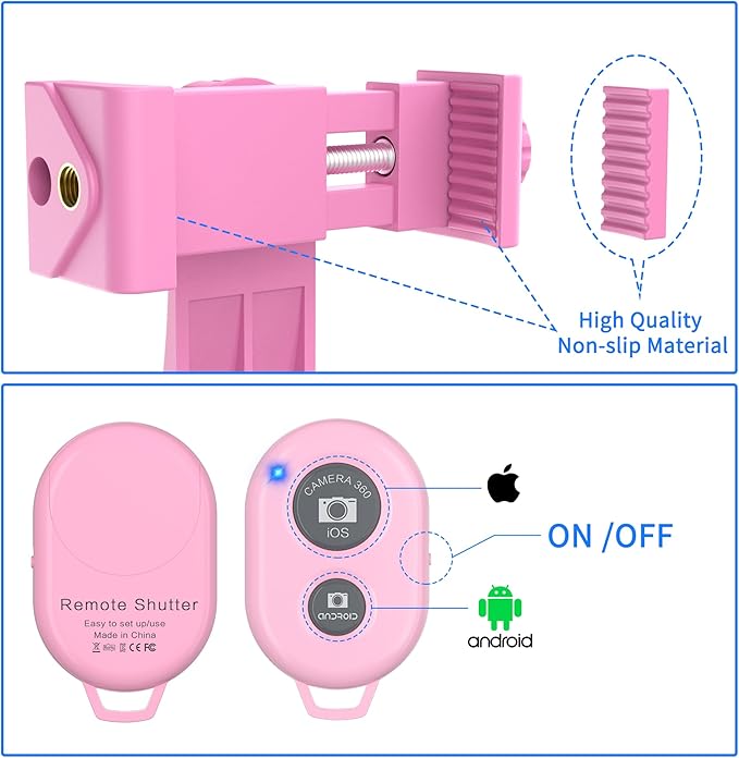 Universal Phone Tripod Mount Adapter with Ｗireless Camera Remote, Cell Phone Holder with Adjustable Clamp for Selfie Stick Monopod Compatible with iPhone, Samsung and so on -Pink