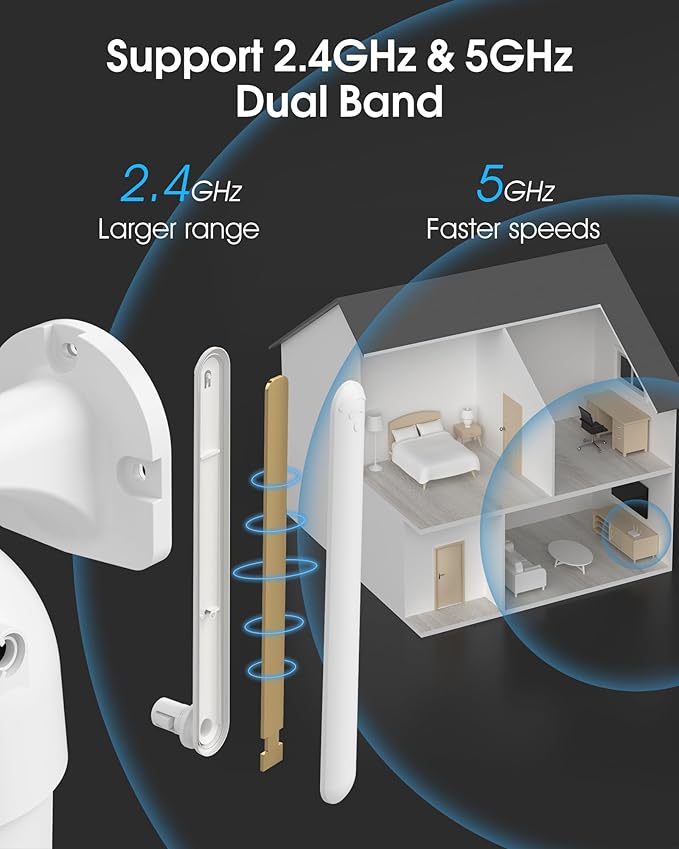 2K Security Camera Outdoor, 2.4G/5G WiFi 24/7 Recording Security Camera, 360° PTZ Auto Tracking, Motion Tracking, Full Color Night Vision, Waterproof