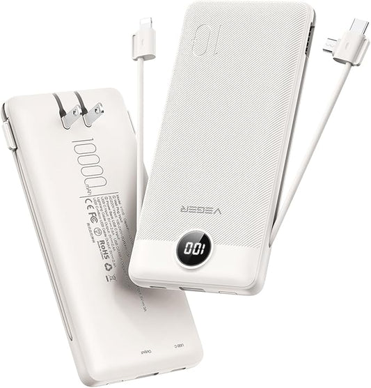 VEGER Portable Charger with Built-in AC Plug and Cables, All in One 10000mAh Ultra-Slim Power Bank, 15W Fast Charging for iPhone, Samsung, Android, Travel Essential (Coffee)