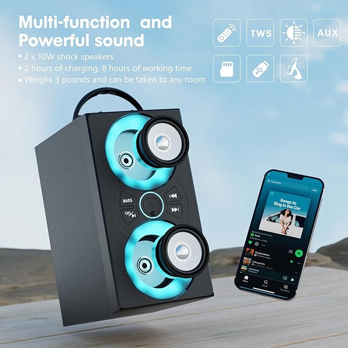 Portable Bluetooth Speaker with TWS, Lights, Remote Control and Phone Holder,Multiple Inputs for Music Playback,20W Wireless Subwoofer, TF Card Slot, USB Port, AUX Input, Type C Cable