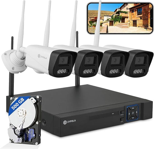 Zypola® Wireless Security Camera System, 4CH NVR with 4 WiFi Outdoor Cameras and 500GB HDD, 1080P Full HD Video, Color Night Vision, Human Motion Detection, Weatherproof for Home Business