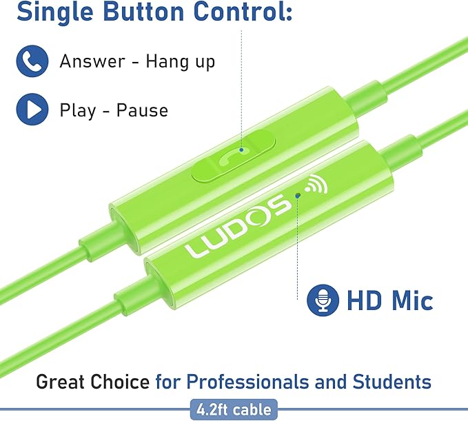 LUDOS Zenith Wired Earbuds in-Ear Headphones, 2 Years Warranty, Earphones with Microphone, Corded for 3.5mm Jack Ear Buds for iPhone, Samsung, Computer, Laptop, Kids, School Students, Woman - Green